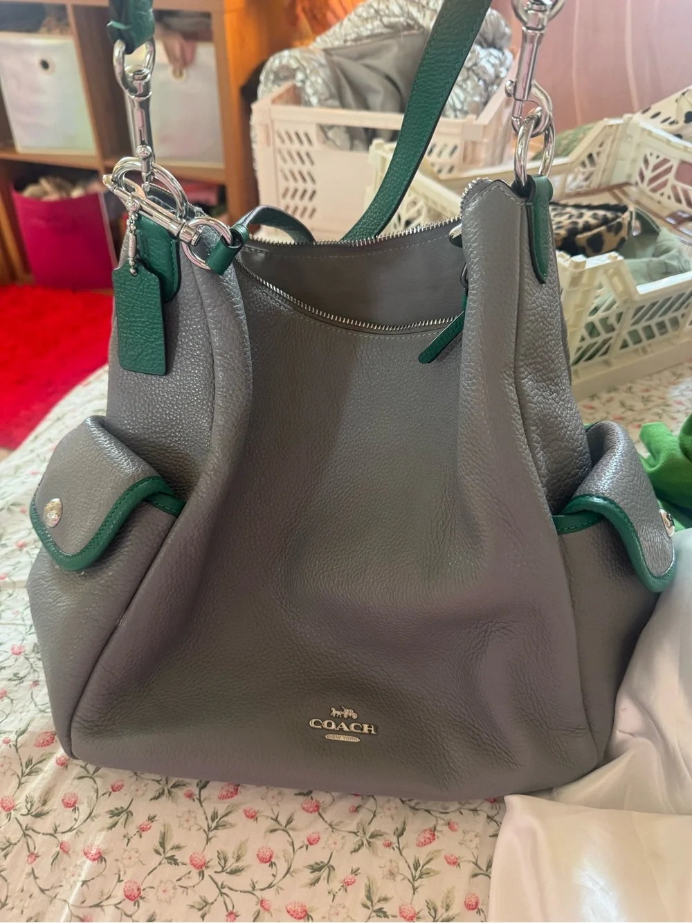 Coach Pebbled Leather Pennie Shoulder Bag in Gray with Green Straps
